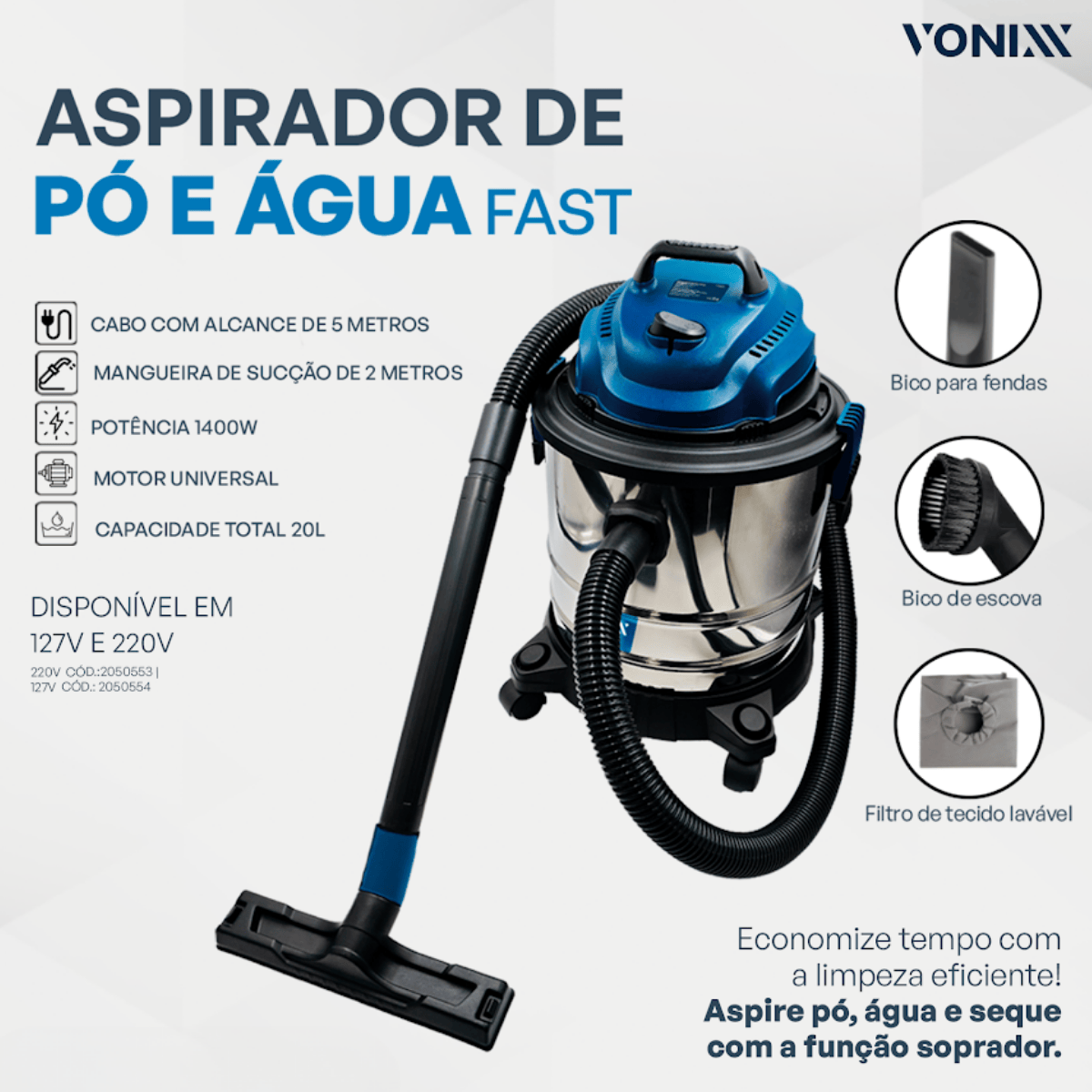 Aspiradora de Pó Água Fast 20L 1400w 3 em 1 Vonixx 127V 220V