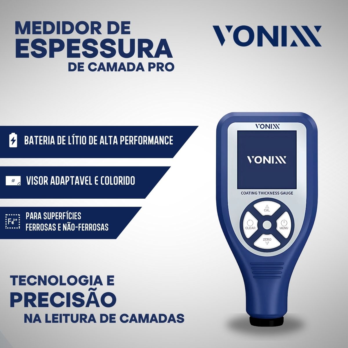 Medidor de Verniz Pro Vonixx Medidor de Espessura Camada Polimento Automotivo Alta Precisão Visor Colorido