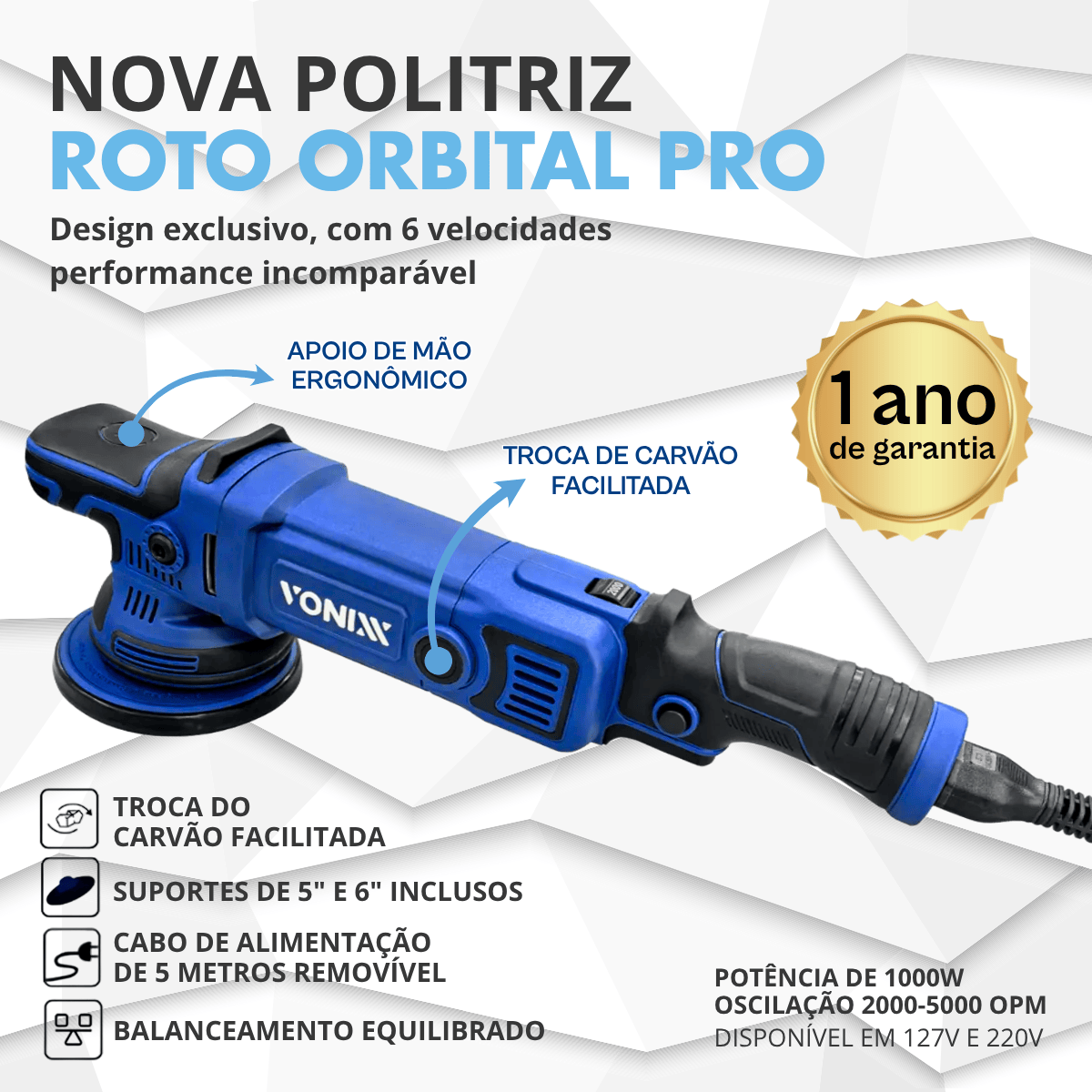 Politriz Roto Orbital Pro 2.0 Vonixx 1000w 110/220v